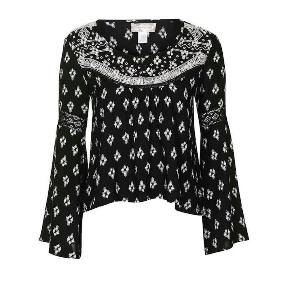 Band of Gypsies Black White Ikat Print Lace Bell Sleeve Boho Blouse Top Size S‎